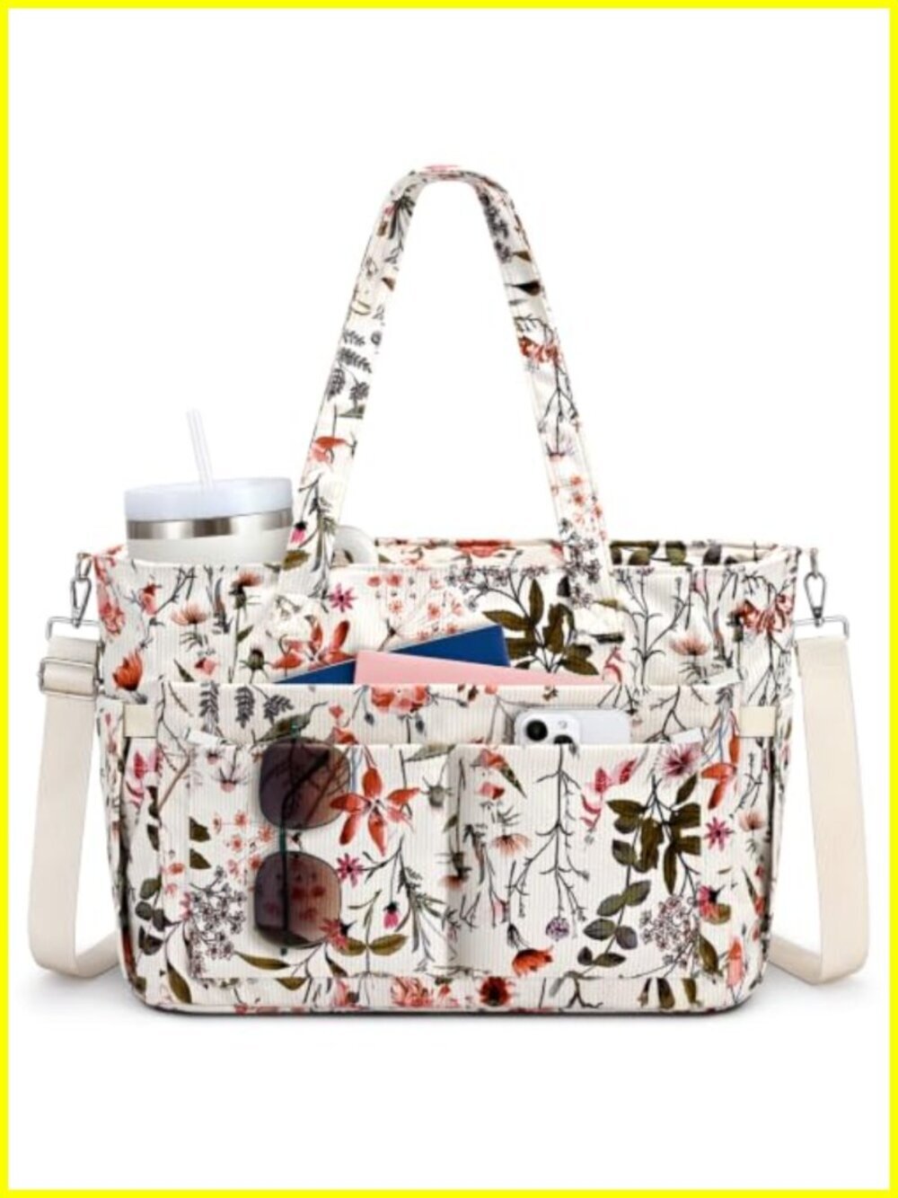 Corduroy Tote Bag for Women Laptop Work Tote with 19 Pockets